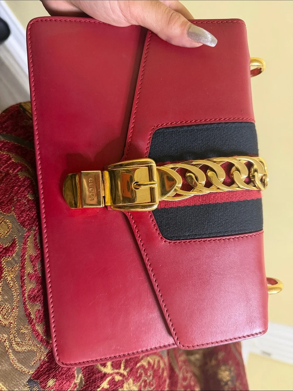 Gucci Red Leather Shoulder Bag with Gold Chain and Black Web Stripe - Picture 1 of 6